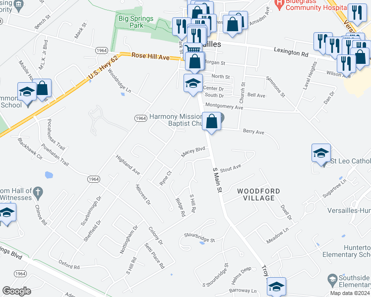 map of restaurants, bars, coffee shops, grocery stores, and more near 135 Macey Boulevard in Versailles