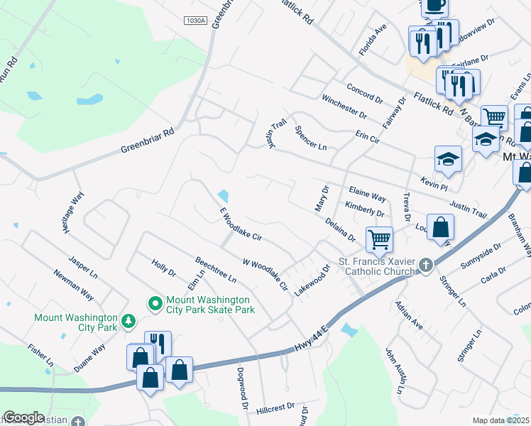map of restaurants, bars, coffee shops, grocery stores, and more near 520 Woodlake Drive in Mount Washington