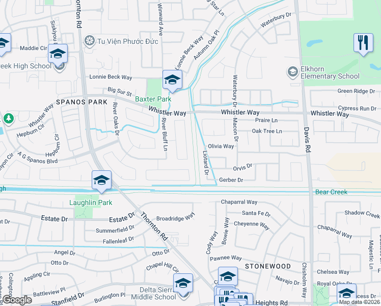 map of restaurants, bars, coffee shops, grocery stores, and more near 10203 Creek Trail Circle in Stockton