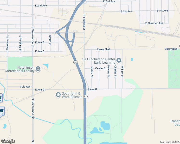 map of restaurants, bars, coffee shops, grocery stores, and more near 407 Justice Street in Hutchinson