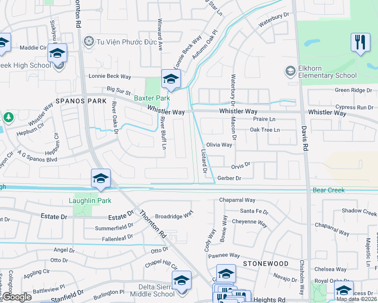 map of restaurants, bars, coffee shops, grocery stores, and more near 10203 Creek Trail Circle in Stockton