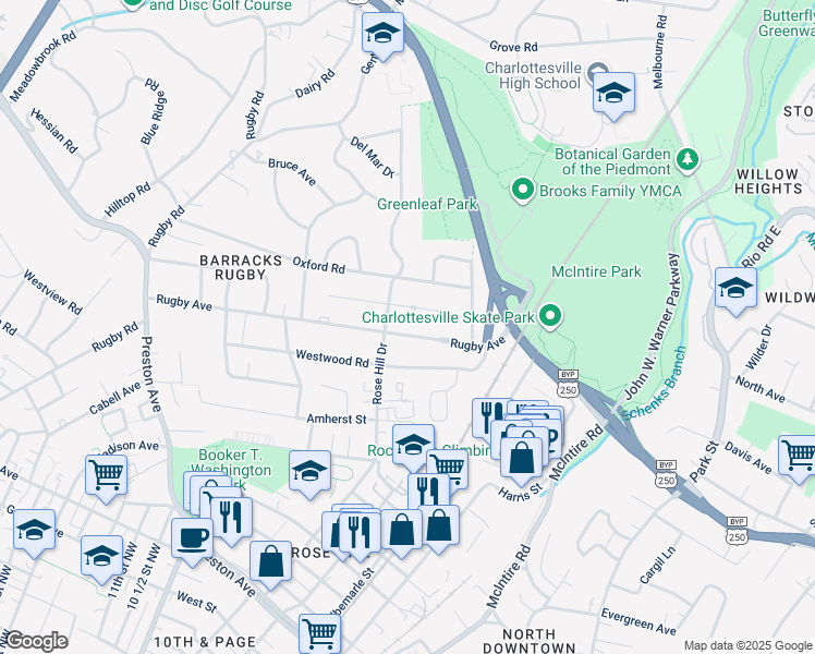 map of restaurants, bars, coffee shops, grocery stores, and more near 1447 Rugby Avenue in Charlottesville