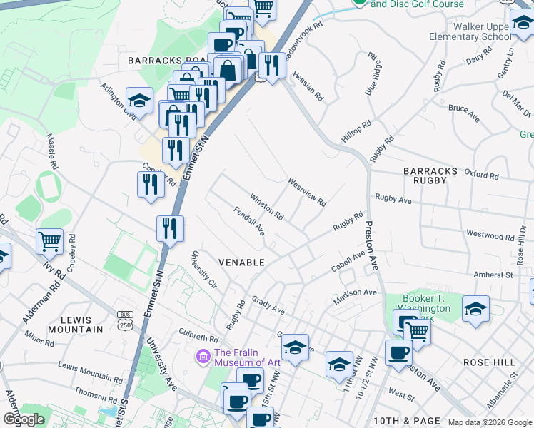 map of restaurants, bars, coffee shops, grocery stores, and more near 1840 Winston Road in Charlottesville