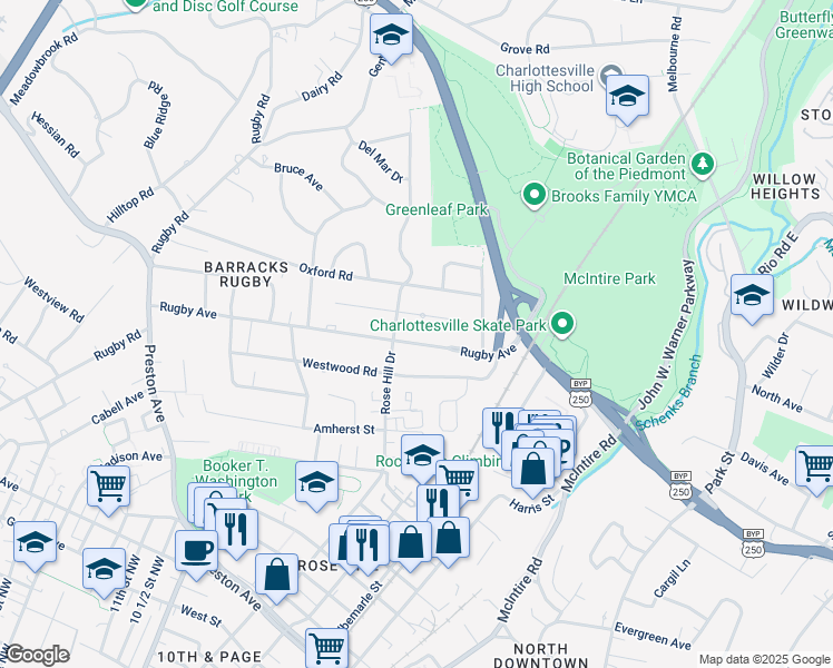 map of restaurants, bars, coffee shops, grocery stores, and more near 1447 Rugby Avenue in Charlottesville