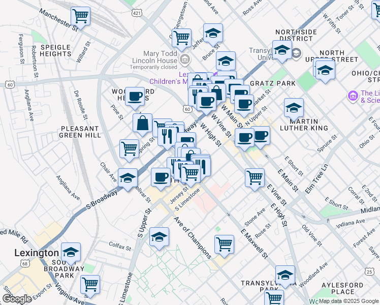 map of restaurants, bars, coffee shops, grocery stores, and more near 362 South Mill Street in Lexington
