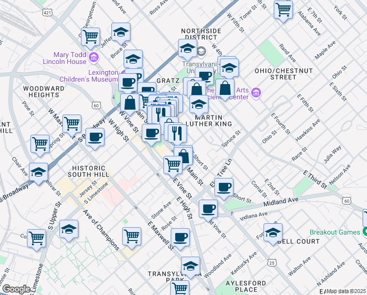 map of restaurants, bars, coffee shops, grocery stores, and more near 121 North Martin Luther King Boulevard in Lexington
