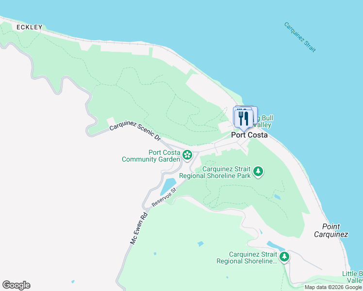map of restaurants, bars, coffee shops, grocery stores, and more near 136 Canyon Lake Drive in Port Costa