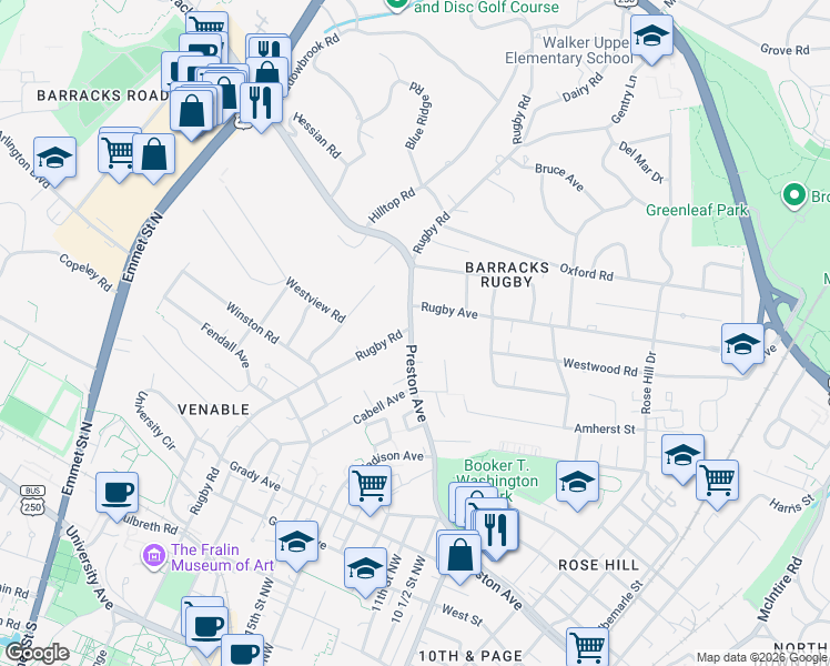 map of restaurants, bars, coffee shops, grocery stores, and more near 1000 Rugby Road in Charlottesville