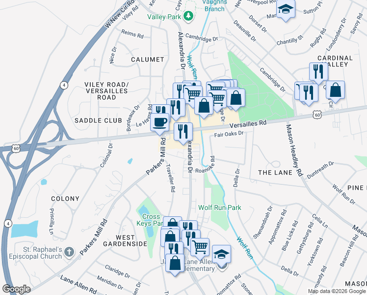 map of restaurants, bars, coffee shops, grocery stores, and more near 1489 Alexandria Drive in Lexington