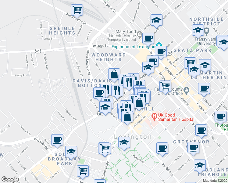 map of restaurants, bars, coffee shops, grocery stores, and more near 520 Spring Street in Lexington