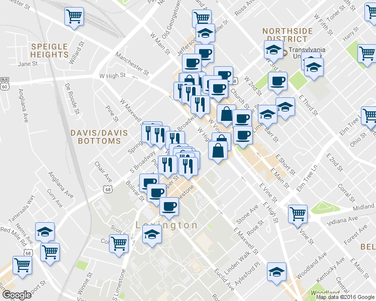 map of restaurants, bars, coffee shops, grocery stores, and more near 352 South Mill Street in Lexington