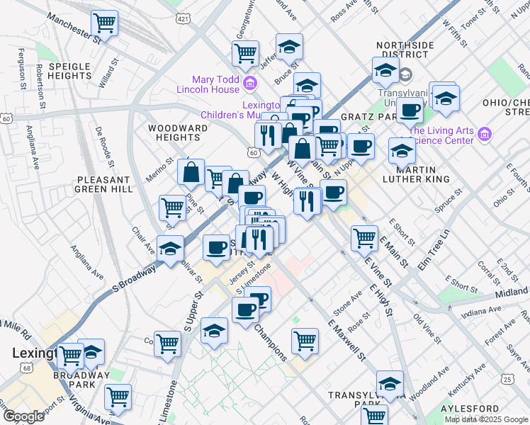map of restaurants, bars, coffee shops, grocery stores, and more near 352 South Mill Street in Lexington