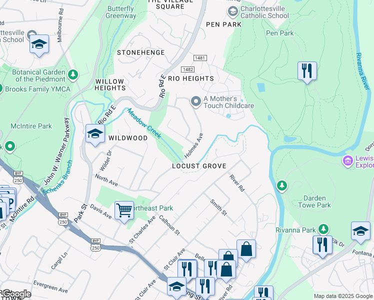map of restaurants, bars, coffee shops, grocery stores, and more near 704 Elizabeth Avenue in Charlottesville