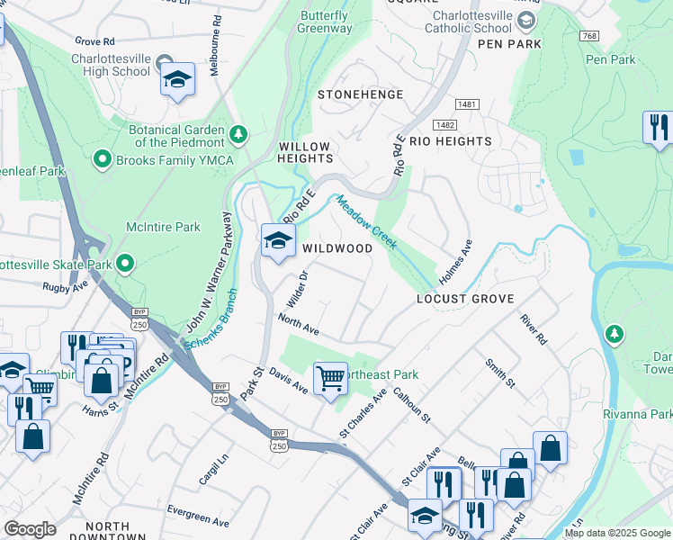 map of restaurants, bars, coffee shops, grocery stores, and more near Beechwood Drive in Charlottesville
