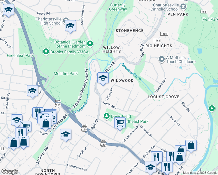 map of restaurants, bars, coffee shops, grocery stores, and more near 1200 Park St in Charlottesville
