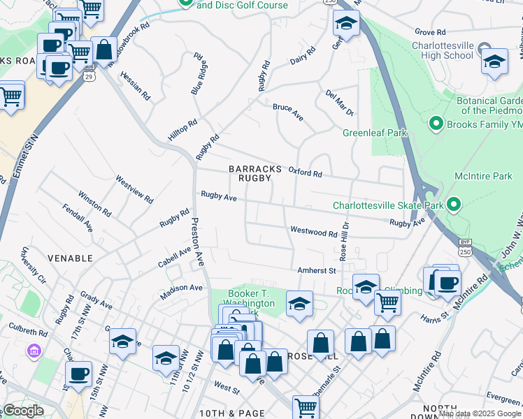 map of restaurants, bars, coffee shops, grocery stores, and more near 1621 Rugby Avenue in Charlottesville