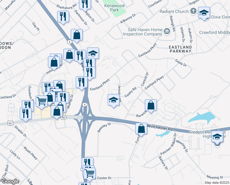 map of restaurants, bars, coffee shops, grocery stores, and more near 1624 Jennifer Road in Lexington