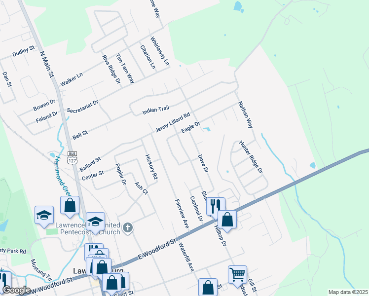 map of restaurants, bars, coffee shops, grocery stores, and more near 213 Bluebird Court in Lawrenceburg