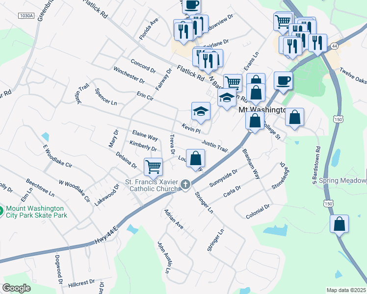 map of restaurants, bars, coffee shops, grocery stores, and more near 208 Treva Court in Mount Washington