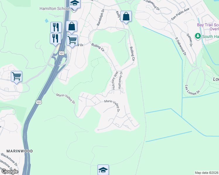 map of restaurants, bars, coffee shops, grocery stores, and more near 2 Muroc Lake Drive in Novato