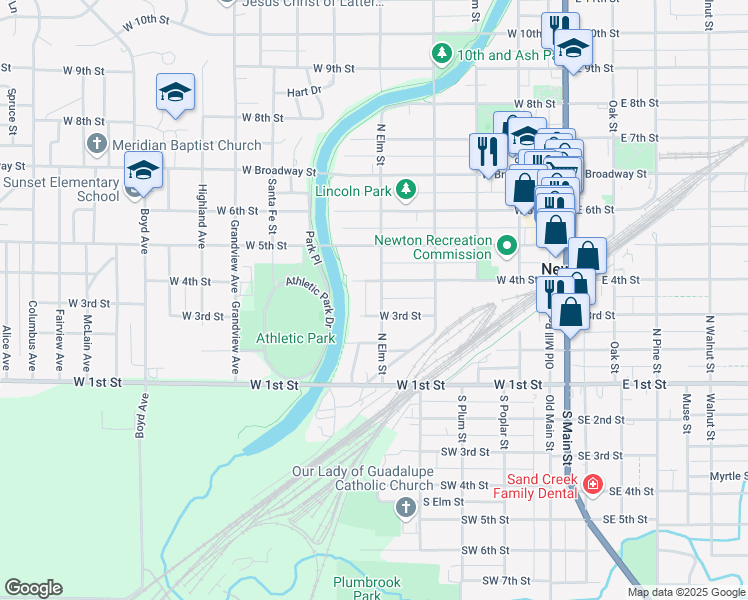 map of restaurants, bars, coffee shops, grocery stores, and more near 307 North Elm Street in Newton