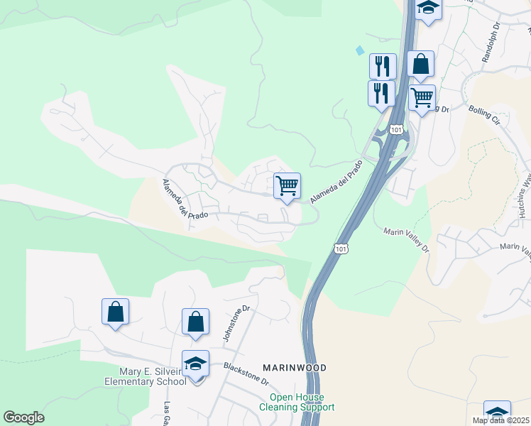 map of restaurants, bars, coffee shops, grocery stores, and more near 154 Oriole Circle in Novato