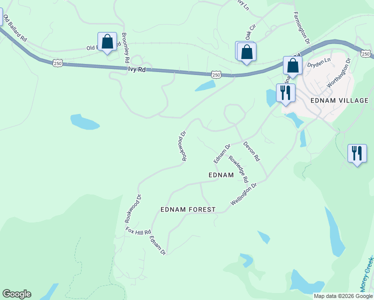map of restaurants, bars, coffee shops, grocery stores, and more near 408 Rookwood Dr in Charlottesville