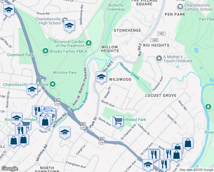 map of restaurants, bars, coffee shops, grocery stores, and more near 631 Cutler Lane in Charlottesville