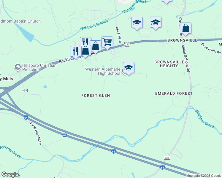 map of restaurants, bars, coffee shops, grocery stores, and more near 491 Forest Glen Drive in Crozet