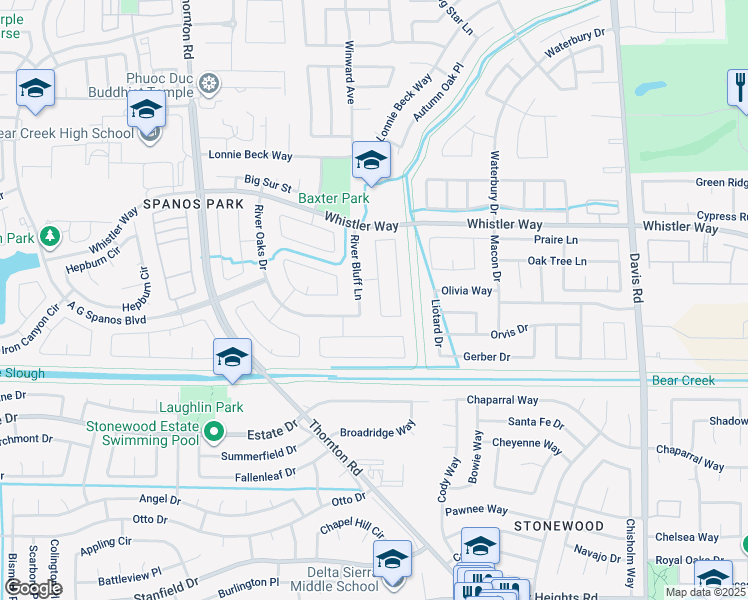 map of restaurants, bars, coffee shops, grocery stores, and more near 10062 River Bluff Lane in Stockton