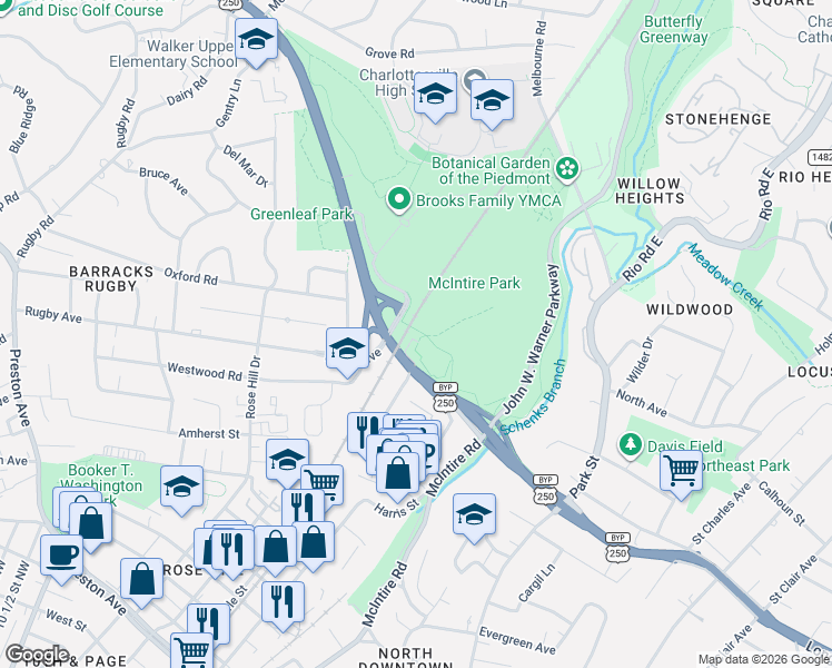 map of restaurants, bars, coffee shops, grocery stores, and more near 1021 Birdwood Road in Charlottesville