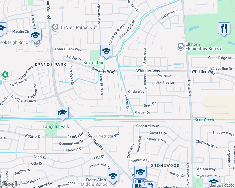 map of restaurants, bars, coffee shops, grocery stores, and more near 10203 Creek Trail Circle in Stockton