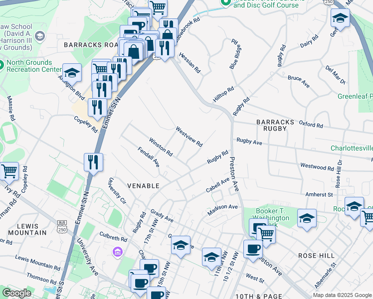 map of restaurants, bars, coffee shops, grocery stores, and more near 1824 Westview Rd in Charlottesville