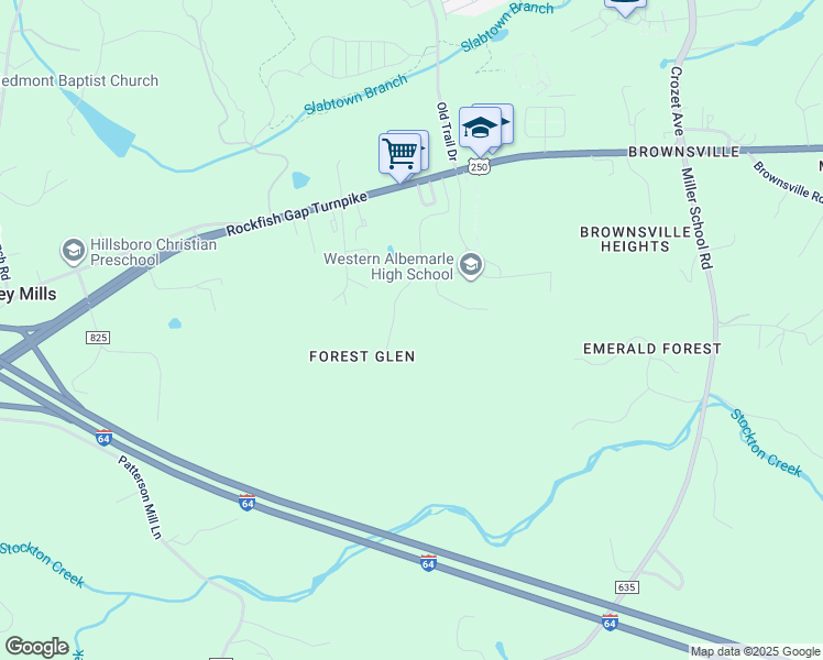 map of restaurants, bars, coffee shops, grocery stores, and more near 491 Forest Glen Drive in Crozet