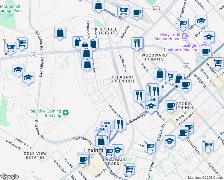 map of restaurants, bars, coffee shops, grocery stores, and more near 501 Angliana Avenue in Lexington