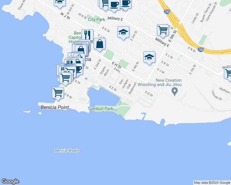 map of restaurants, bars, coffee shops, grocery stores, and more near 378 East E Street in Benicia