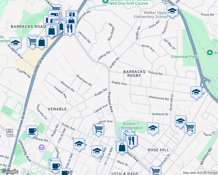 map of restaurants, bars, coffee shops, grocery stores, and more near Preston Avenue & Rugby Road in Charlottesville