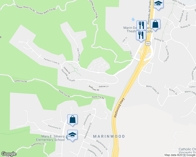map of restaurants, bars, coffee shops, grocery stores, and more near 158 Oriole Circle in Novato