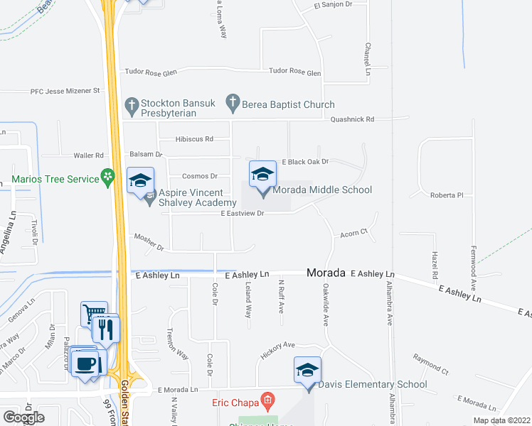 map of restaurants, bars, coffee shops, grocery stores, and more near 5001 East Eastview Drive in Stockton