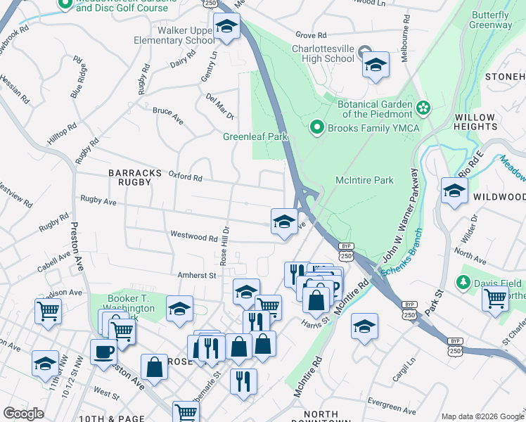 map of restaurants, bars, coffee shops, grocery stores, and more near 1416 Rutledge Avenue in Charlottesville
