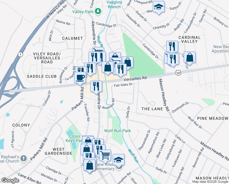 map of restaurants, bars, coffee shops, grocery stores, and more near 1915 Port Royal Court in Lexington