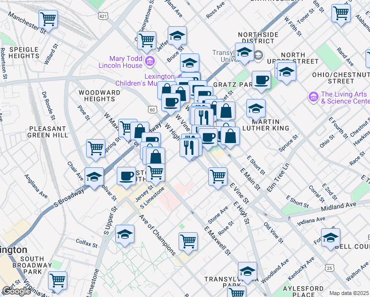 map of restaurants, bars, coffee shops, grocery stores, and more near 300 South Upper Street in Lexington