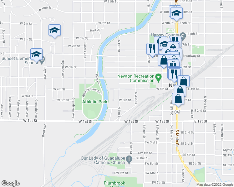 map of restaurants, bars, coffee shops, grocery stores, and more near 315 North Elm Street in Newton