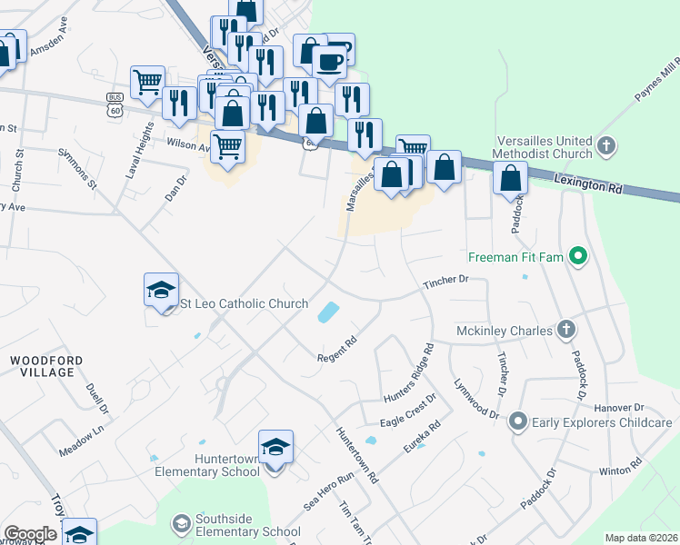 map of restaurants, bars, coffee shops, grocery stores, and more near 431 Marsailles Road in Versailles