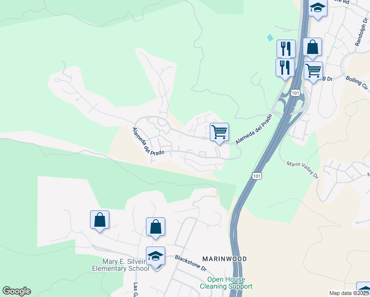 map of restaurants, bars, coffee shops, grocery stores, and more near 113 Quail Court in Novato