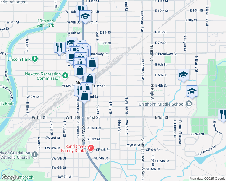 map of restaurants, bars, coffee shops, grocery stores, and more near 301 E 4th St in Newton