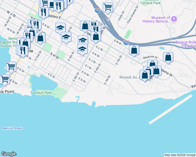 map of restaurants, bars, coffee shops, grocery stores, and more near 648 East I Street in Benicia