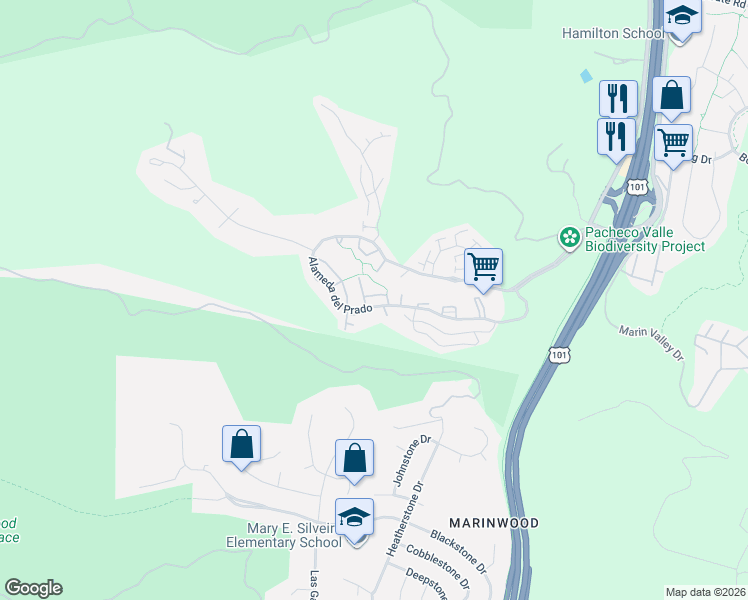 map of restaurants, bars, coffee shops, grocery stores, and more near 16 California Condor Way in Novato