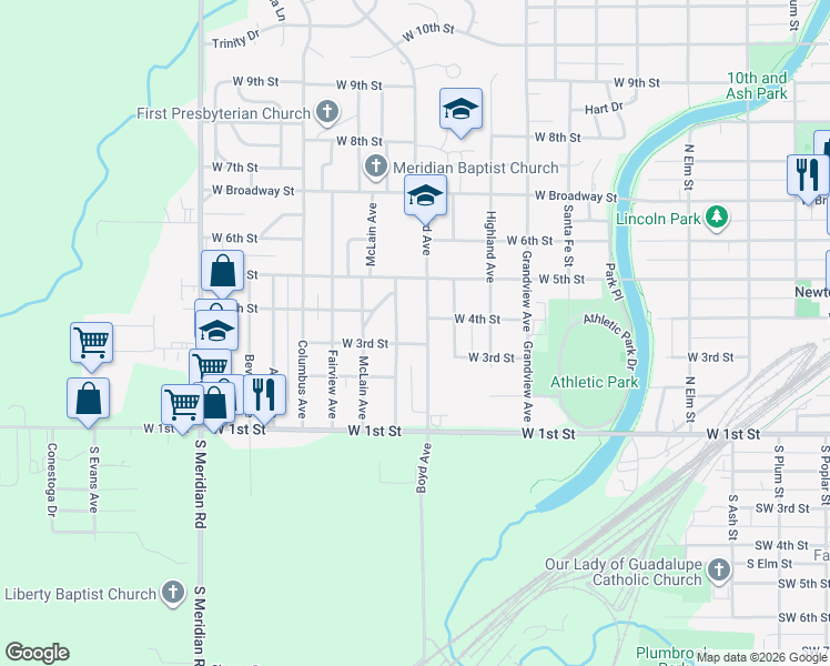 map of restaurants, bars, coffee shops, grocery stores, and more near 301 Boyd Avenue in Newton