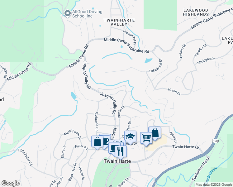 map of restaurants, bars, coffee shops, grocery stores, and more near Timberwood Trail in Twain Harte